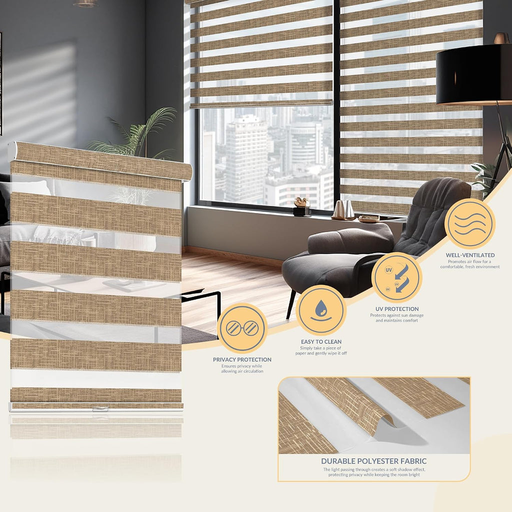 Cordless Zebra Blinds for Windows, Free-Stop, Dual Layer Zebra Blinds for Indoor Windows, Filtering Light Control for Day & Night, Sheer Shades for Home or Office, Sand Brown, Custom Sizes