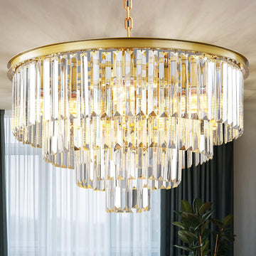 Gold Modern Crystal Chandelier, 4-Tier Round Flush Mount Ceiling Light Fixtures Height Adjustable Pendant Lighting