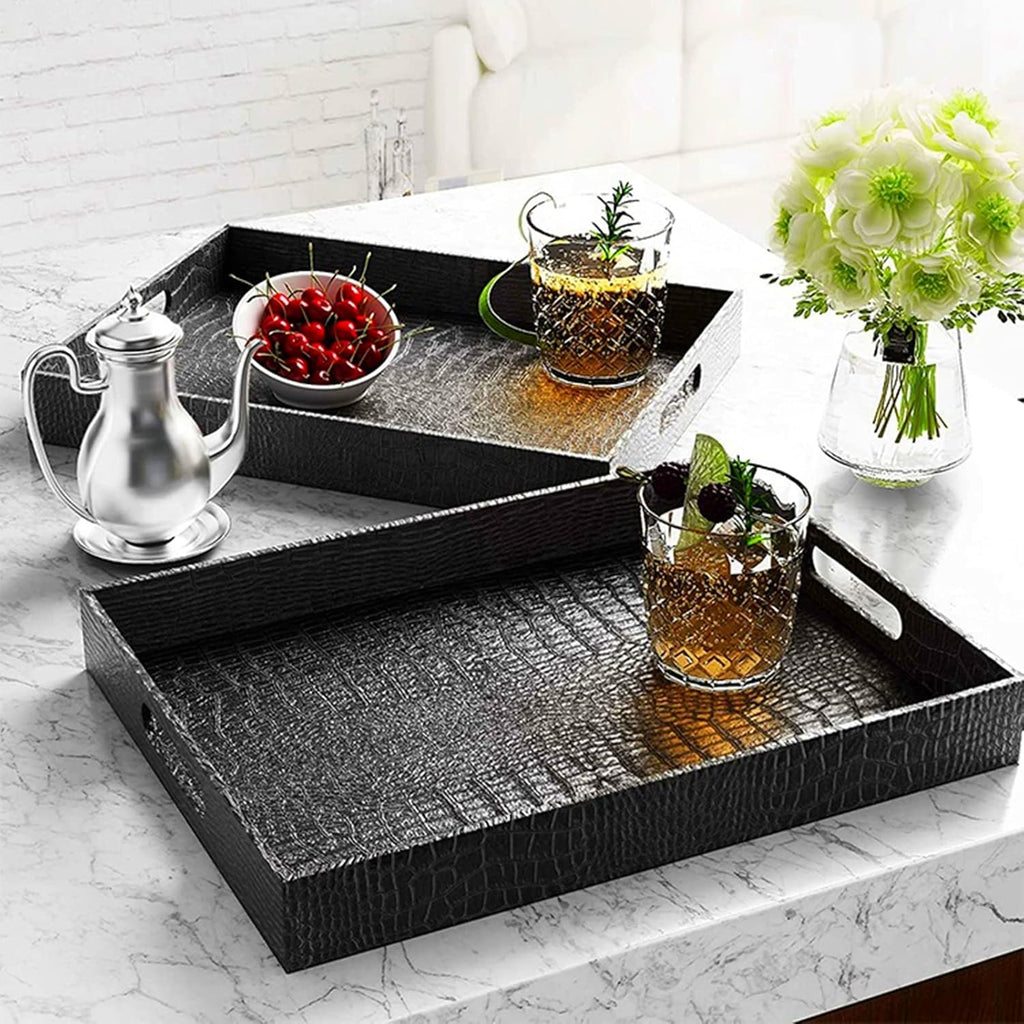 Black Serving Tray with Handles, Decorative Ottoman Tray in Alligator Faux Leather, 17x12 Inch Rectangular for Coffee