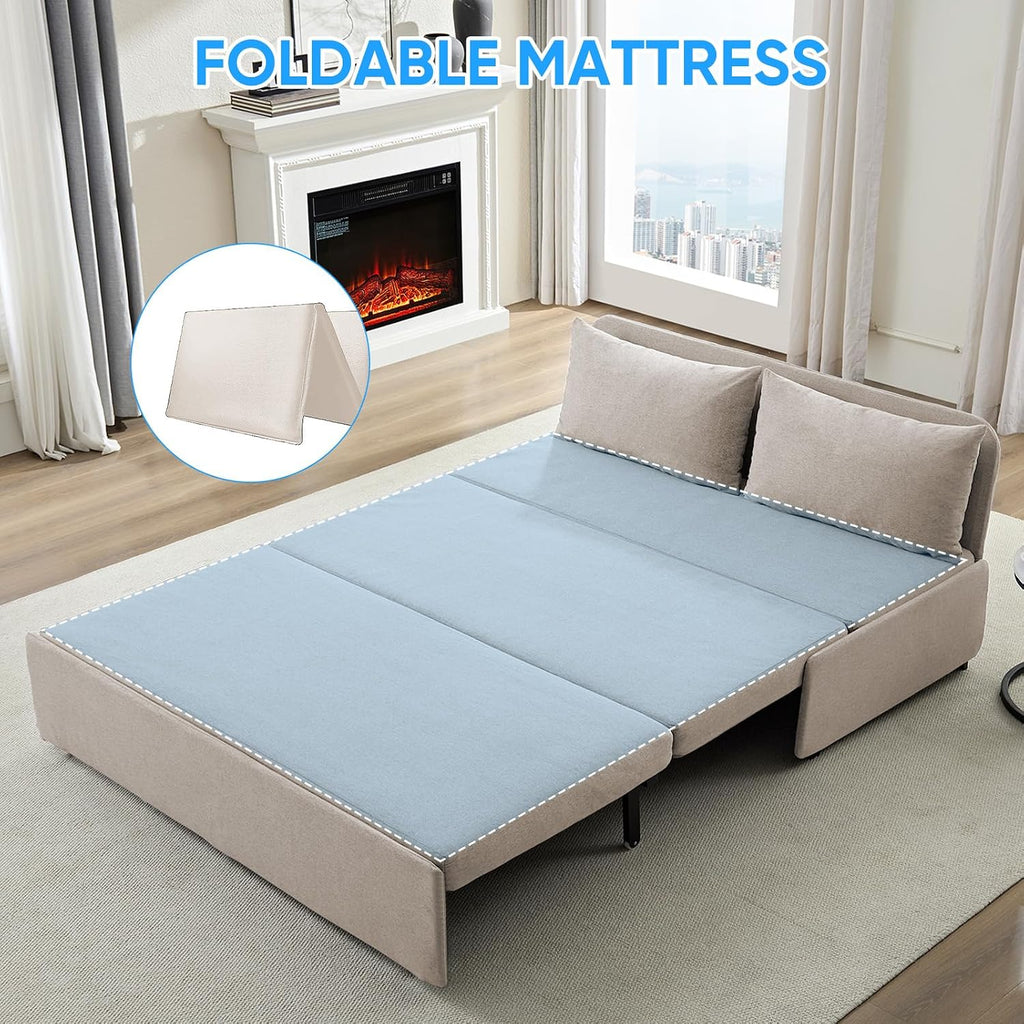 64" Queen Pull Out Sofa Bed, Linen Convertible Couch Bed with Tri-Fold Hidden Mattress, No-Tool Assembly, Space
