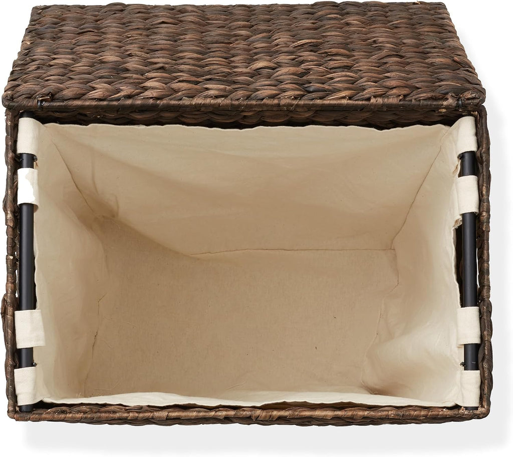 Large Laundry Hamper with Lid and Removable Liner Bag - Espresso Dark Brown, Woven Water Hyacinth Rectangular Laundry