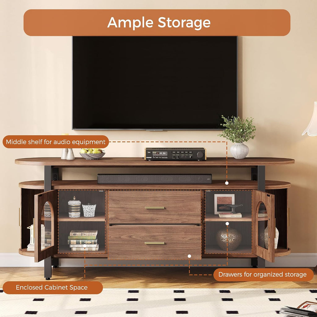 Mid-Century TV Stand for TVs up to 70, Entertainment Center with Storage Drawer and Sliding Door, Walnut TV Console