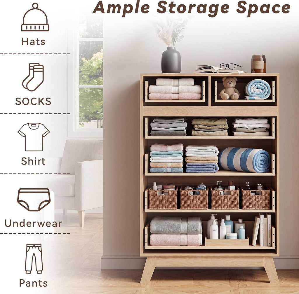 Natural 6 Drawer Dresser , 47" Tall Chest of Drawers | Rounded Corner Safety Design, Stable 4-Leg Structure, Suitable