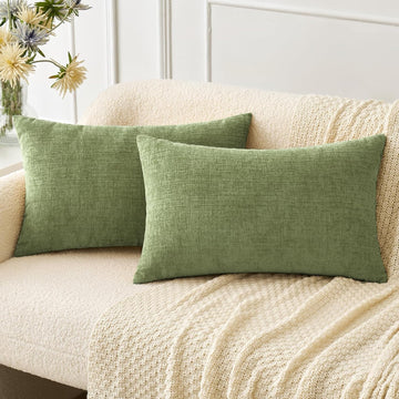 Pack of 2 Couch Throw Pillow Covers 12x20 Inch Spring Soft Sage Green Chenille Lumbar Pillow Covers