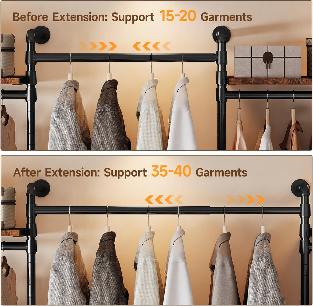 T4 Wall Mounted Closet System, Industrial Pipe Clothing Rack with 8 Wooden Shelves, 4 Drawers & 4 Hanging Rods (2