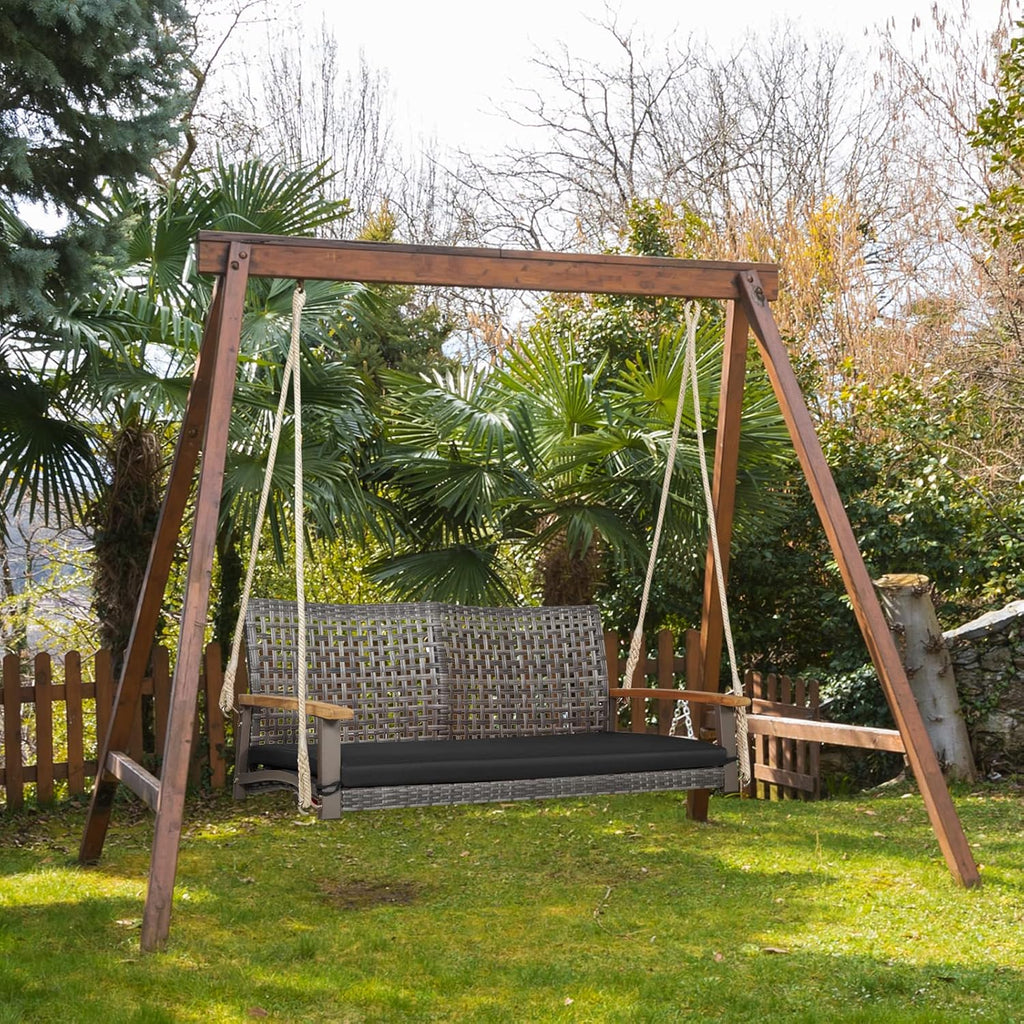 2-Person Outdoor Porch Swing with 118" Hanging Ropes, Patiojoy PE Wicker Patio Hanging Swing Bench with Soft Seat
