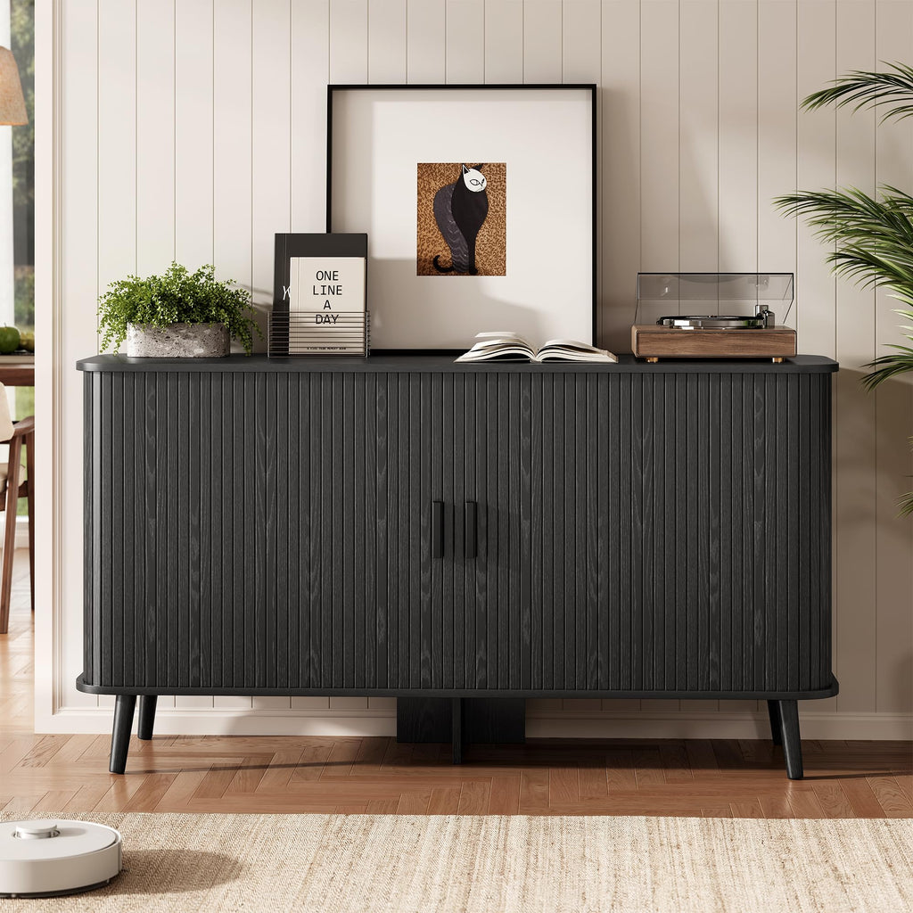 55" Fluted Sideboard Buffet Cabinet with Sliding Door, Mid-Century Modern Wood Sideboard, Adjustable Shelf, Coffee