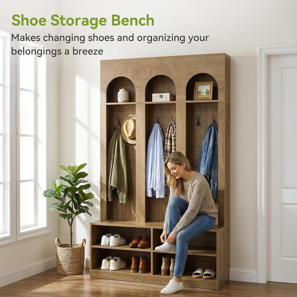 Hall Tree, 70" Entryway Bench with Coat Rack and Shoe Storage | 6 Double Hooks, Mudroom Bench with Storage and Hooks