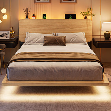 Queen Floating Wooden Bed Frame with LED Lights, Extra-Wide Side Rails & Charging Station, Queen Bed Frame with Storage