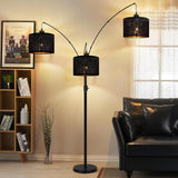 Dimmable Floor Lamp-3 Lights Arc Floor Lamps,Modern Tall Standing Lamp With Black Drum Hollow-carved Linen Shades