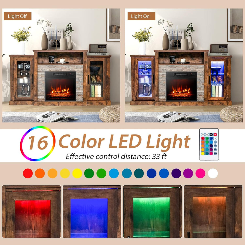 Electric Fireplace TV Stand, Electric Fireplace Mantel with 16-Color Led Lights, Adjustable Glass Shelves