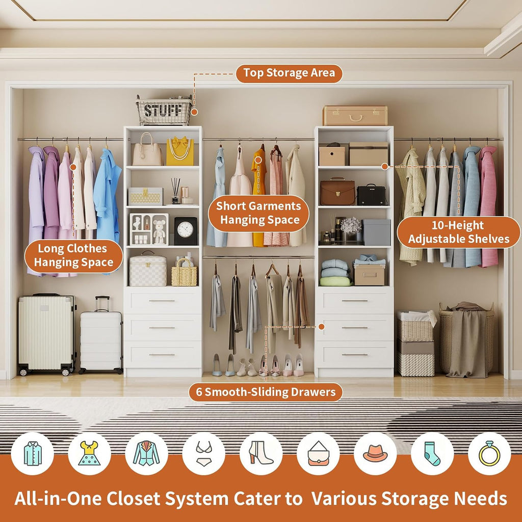 Closet System with 6 Drawers, 5-14FT Custom Closet Organizer System with 8 Expandable Hanging Rods&Adjustable