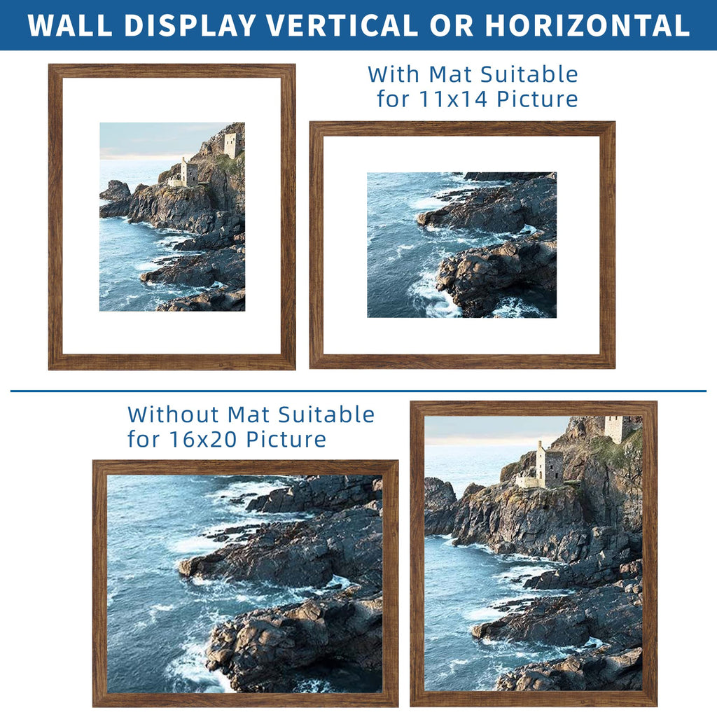 16x20 Frames Set of 2, Rustic Brown Wood Style for 11x14 Mat