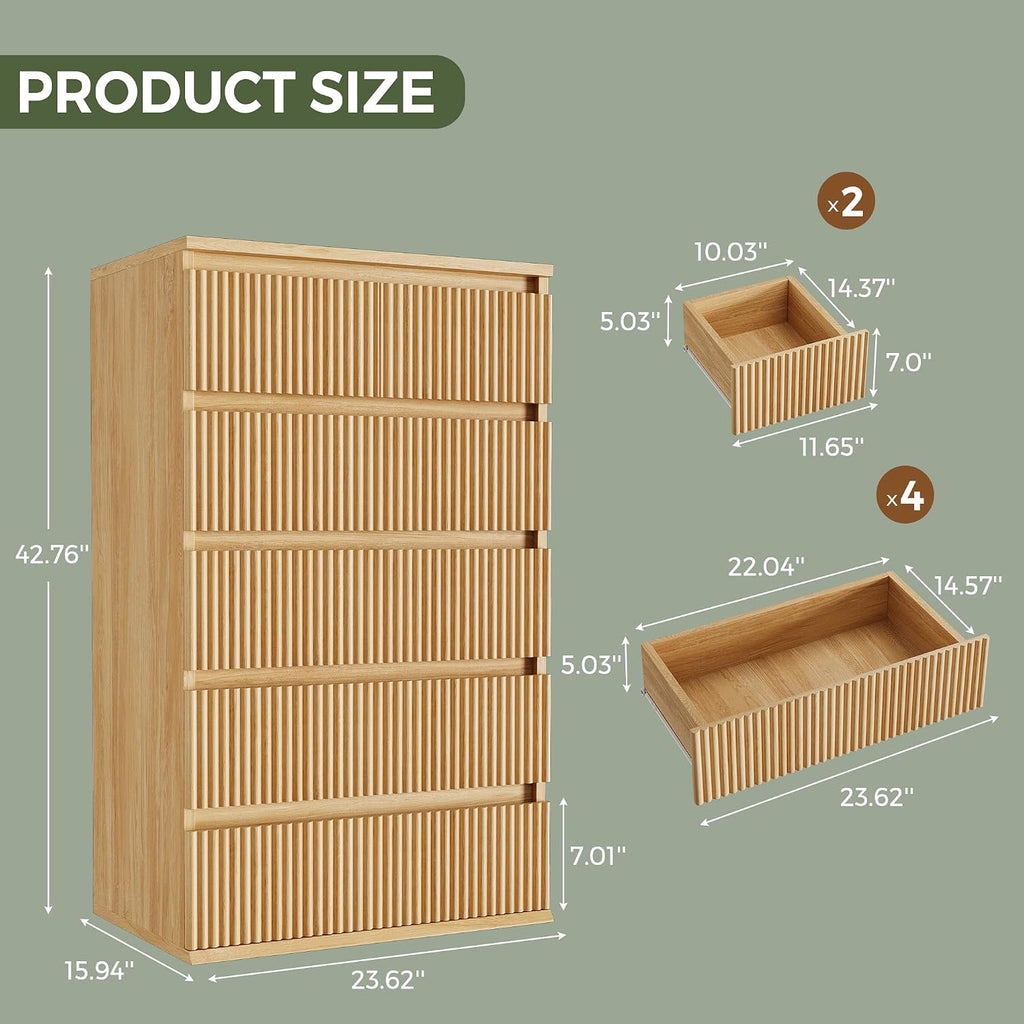 Fluted 6 Drawer Dresser , Modern Wood Chest of Drawers, Tall Storage Dresser with Deep Drawers, Handleless