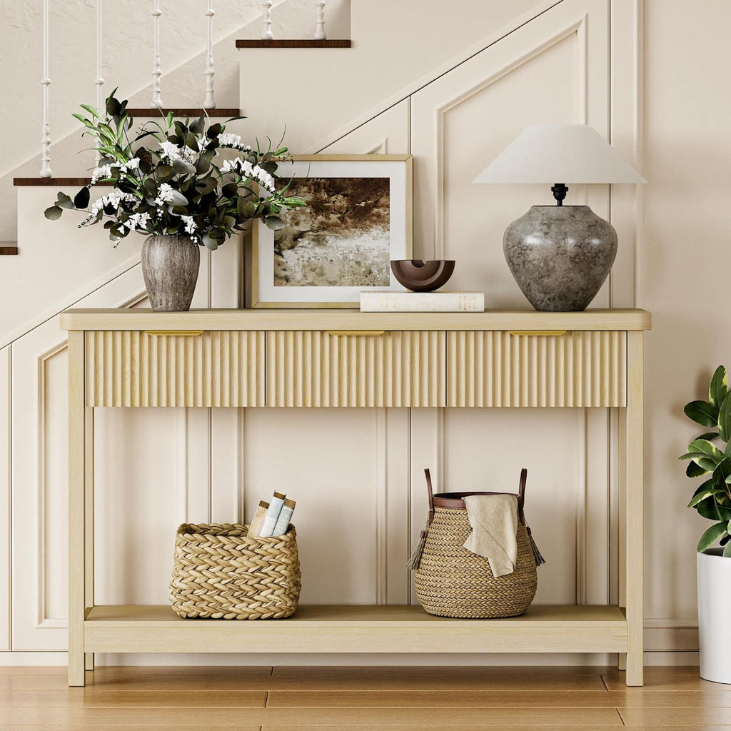 Fluted Console Table, 51 Inch Entryway Table with 3 Drawers | Scandi farmhouse look with quiet full-extension slides