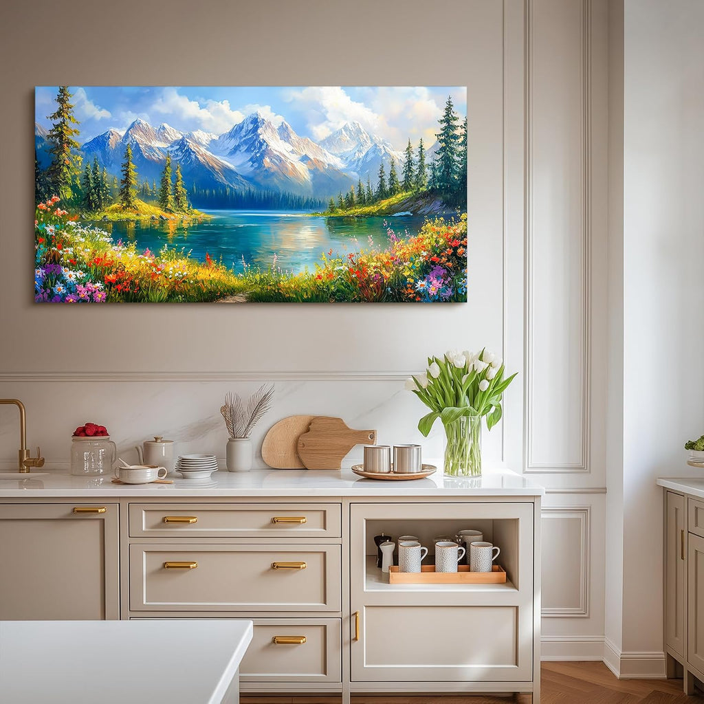 Lake Landscape Wall Art, Snow Mountain Forest Extra Large Artwork, Nature Yosemite Sunny Paintings, Wildflower