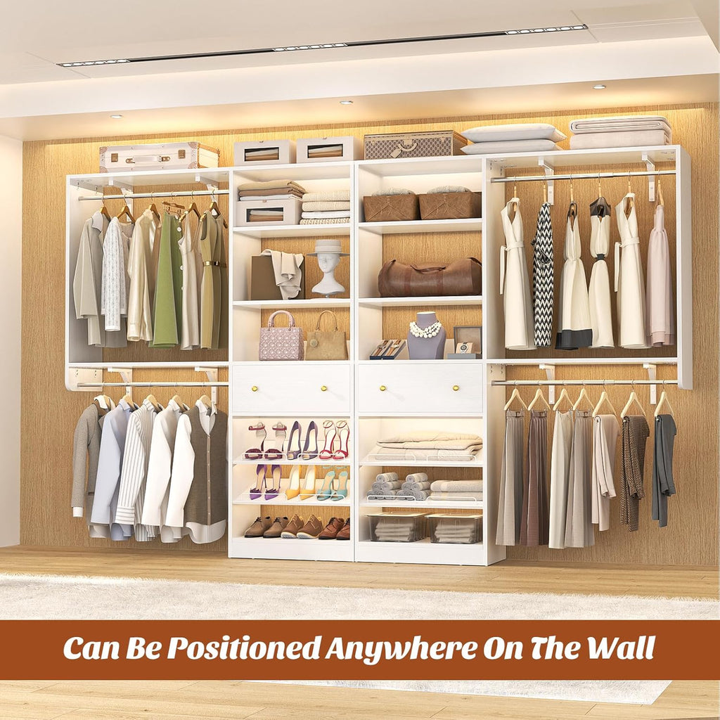 [10 FT Closet System] 120 Inch Reversible Set of 2 Wood Closet Organizer System with 2 Drawers, 4 Hanging Rods