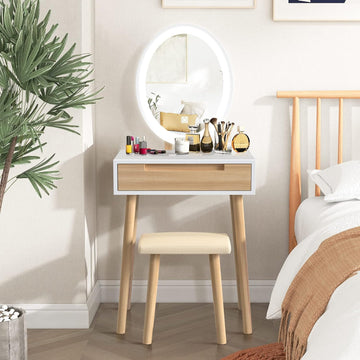 Makeup Vanity Table Set with 3 Modes Adjustable Lighted Mirror Cushioned Stool, Dressing Table for Small Space | 3