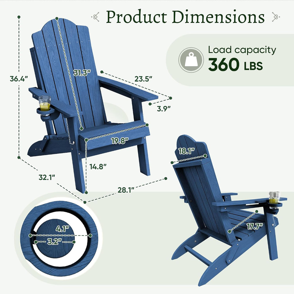 Folding Adirondack Chair Set of 2, Heavy-Duty 360LBS HDPE Outdoor Chair with Textured Wood-Grain Finish, Comfortable
