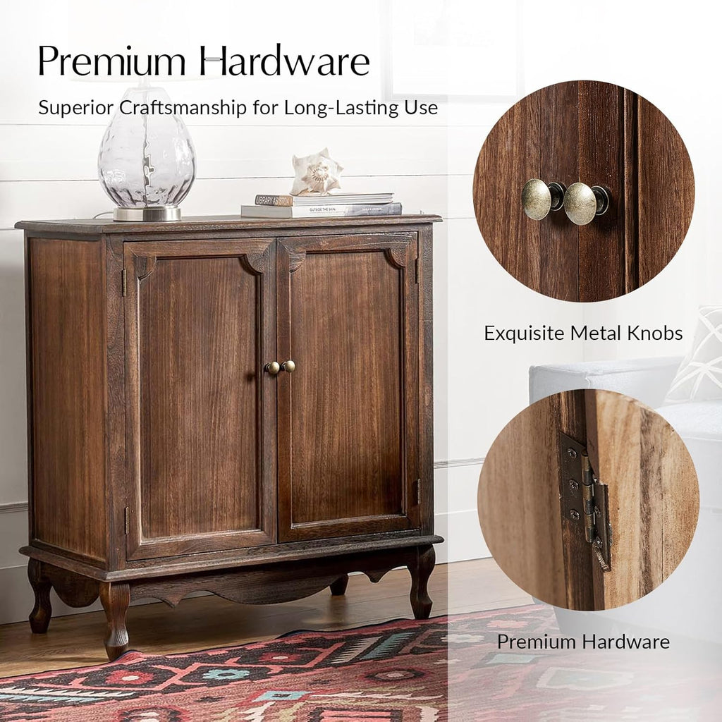 Solid Wood Sideboard with Adjustable Feet, 2 Shelves Storage Cabinet with Double Doors