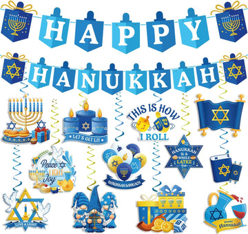 Hanukkah Decorations Blue and White Happy Hanukkah Banner and Hanging Swirls Need DIY Chanukah Party Decor - Set of 14