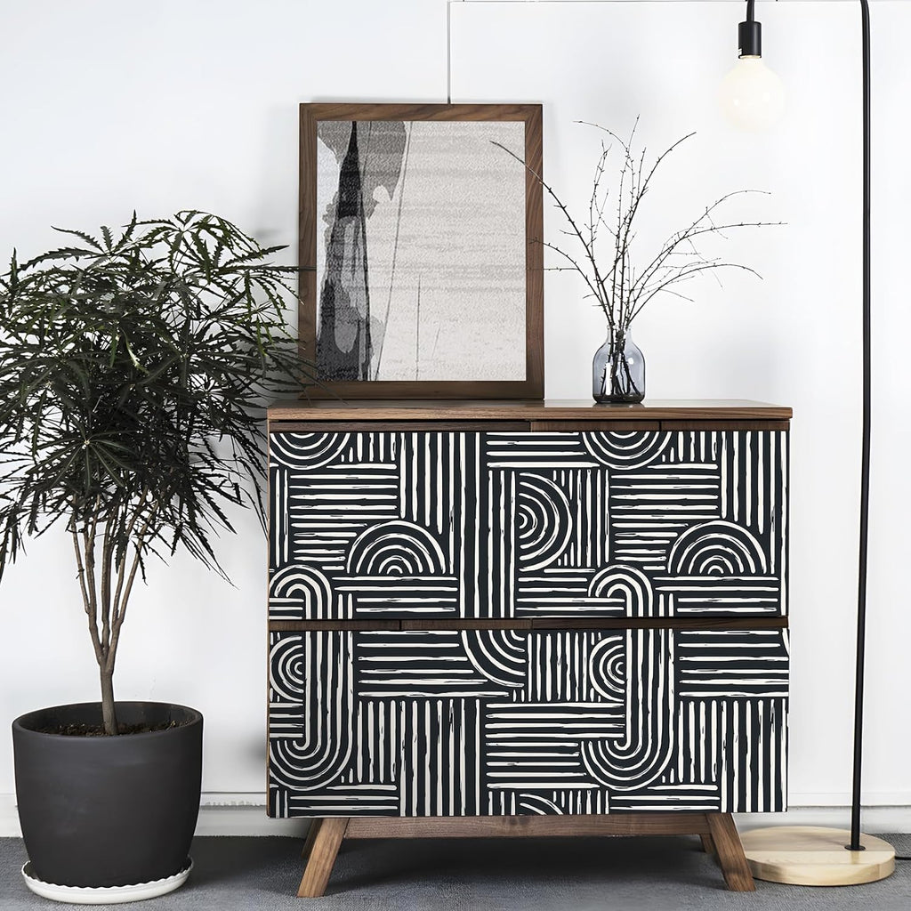 17.5x276 Mid Century Modern Wallpaper Geometric Black and White Peel and Stick Wall Paper with Designs Abstract