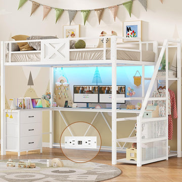 Stairway Twin Loft Bed with L Shaped Desk and Wardrobe, Metal Loft Bed Frame with Stairs, 3 Fabric Drawers