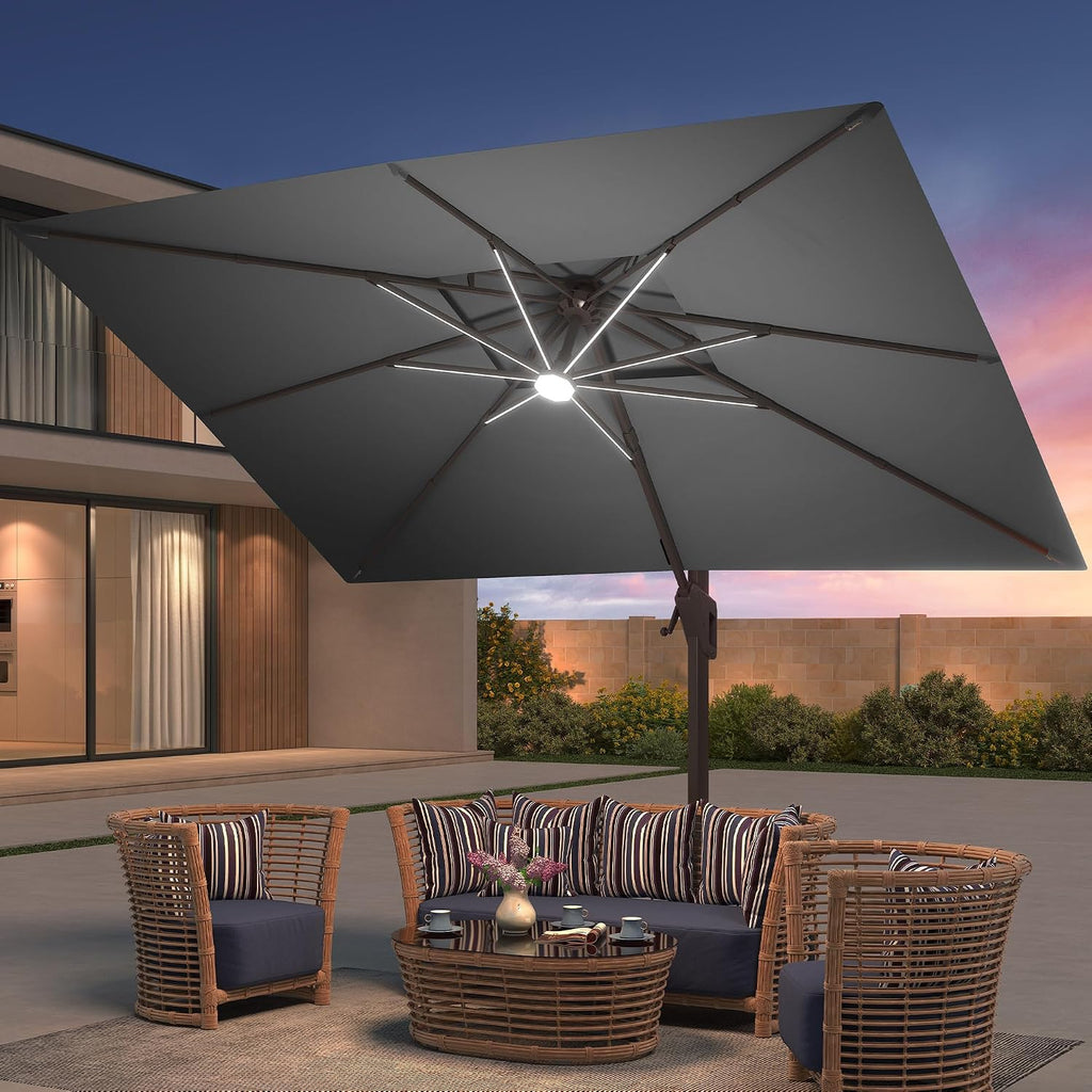 9x12 FT Patio Umbrella with Weighted Base and LED Lights Cantilever Outdoor Large Heavy Duty Rectangle Aluminum Offset