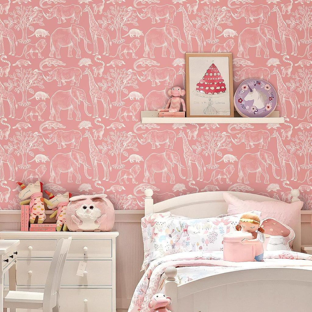 17.5x276 Cute Pink Peel and Stick Wallpaper Giraffe Bird Tree Elephant Animal Wall Paper Mural Girly Pink Contact