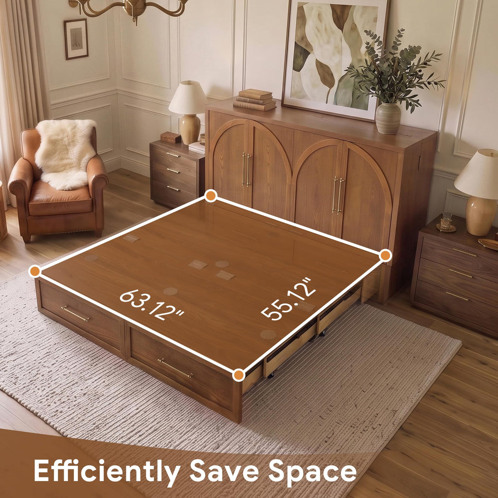 Solid Wood Queen Murphy Bed with Mattress, Arch Recessed Design