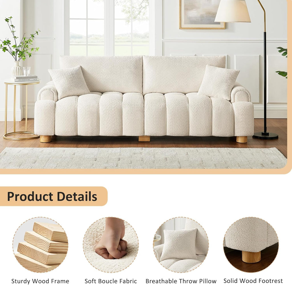 Boucle Sofa Couch, 91" Comfy Tufted Upholstered Cloud Couches, Modern 3 Seater Sofa with Pillows