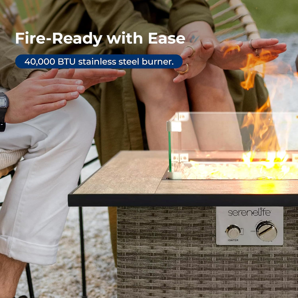 Outdoor Propane Fire Pit Table - CSA/ETL Certified Safe 50,000 BTU Pulse Ignition Weatherproof Square Wicker Propane