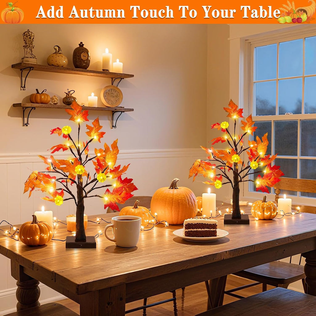 Fall Decor 2 Pack 18 Inch Prelit Fall Maple Tree 48 LEDs Timer - Set of 2