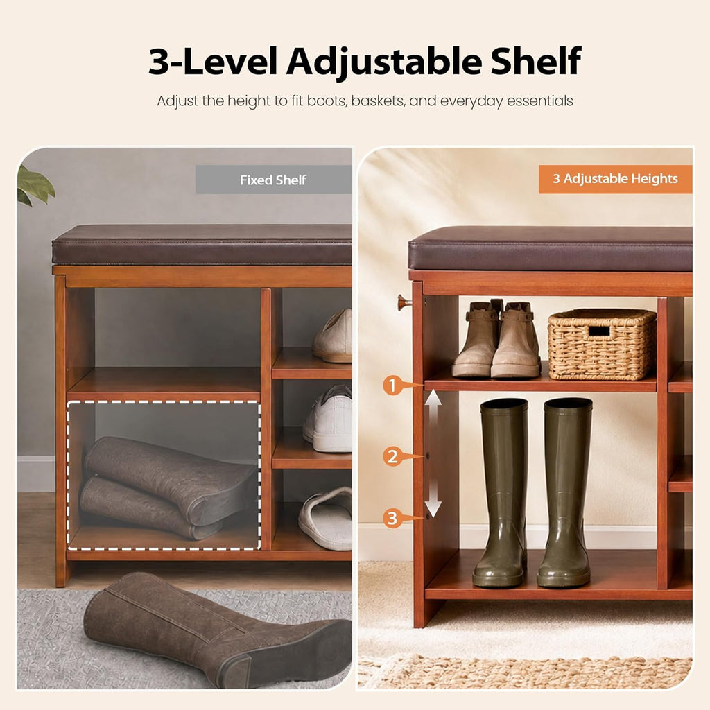 50" Bamboo Shoe Storage Bench with Padded Faux Leather Seat and 550 lbs Capacity, 3-Level Adjustable Shelf, Side