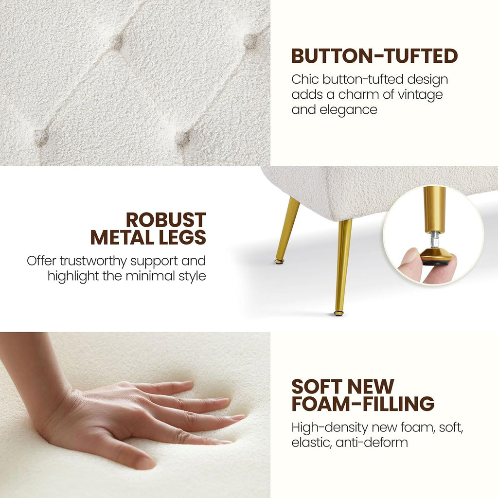 45in Boucle Ottoman Bench End of Bed, Ivory | Tufted Upholstered Bench Seat, Bed Bench with Tapered Gold Metal Legs