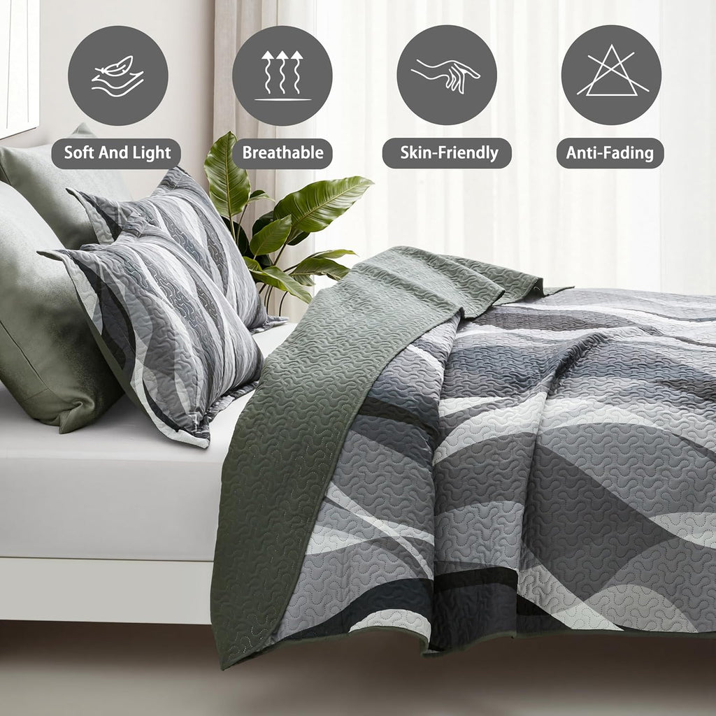3 Piece Black White Twin Quilt Striped Reversible Bedding Set
