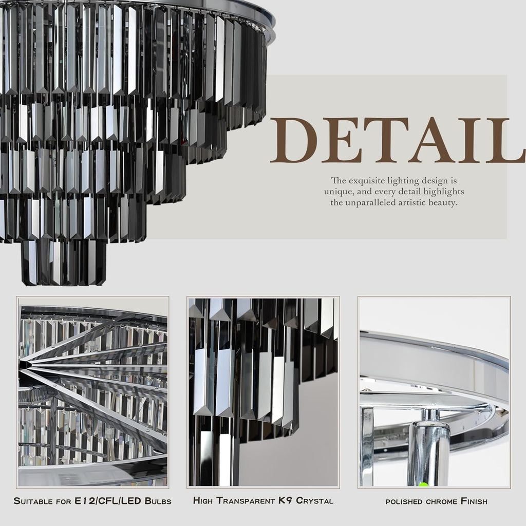 Inspired Odeon Style Chrome Smoke Crystal 4-Tier Modern Chandelier W23.6"