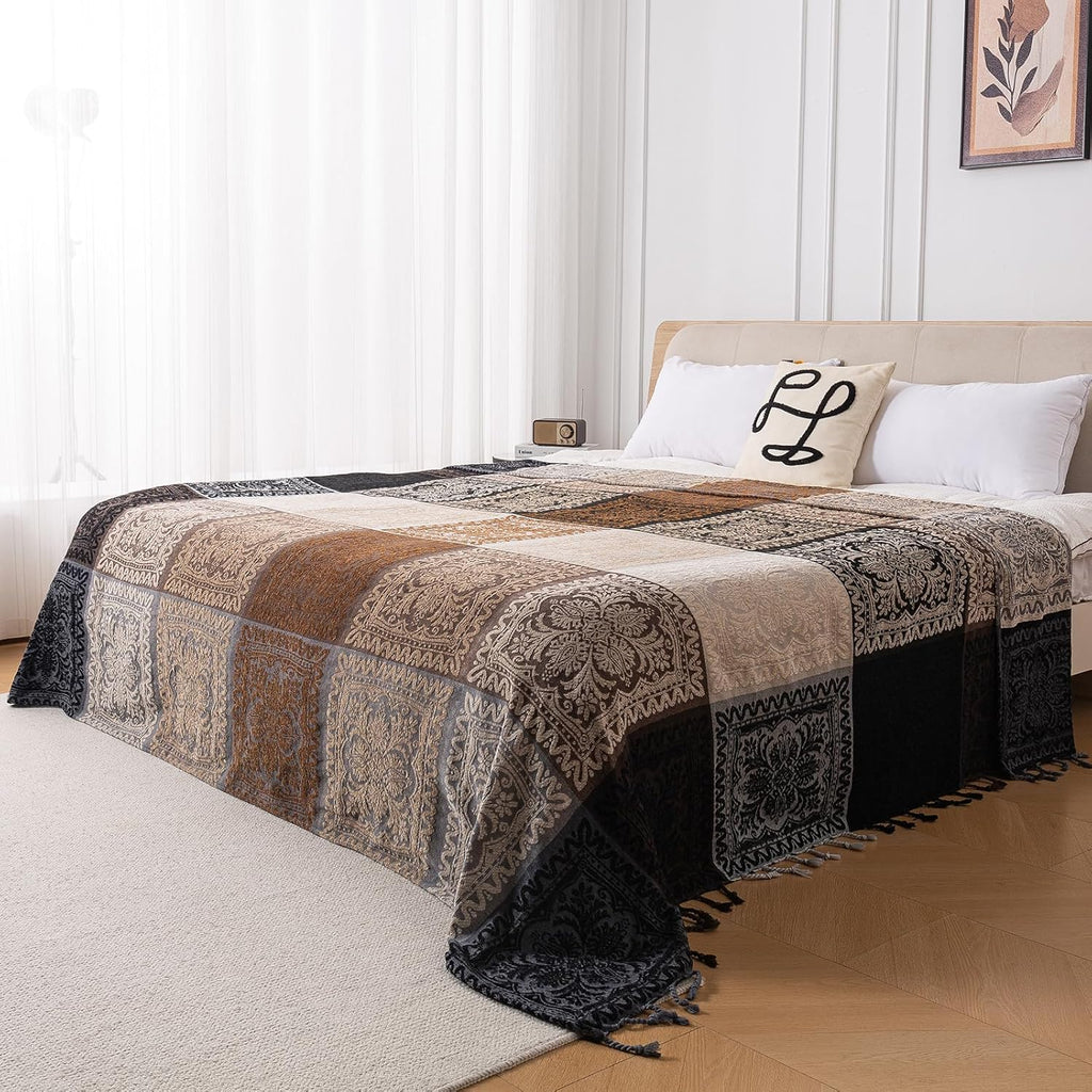 Boho Throw Blanket, Chenille Jacquard Tassels Throw Blankets, S:60x75)