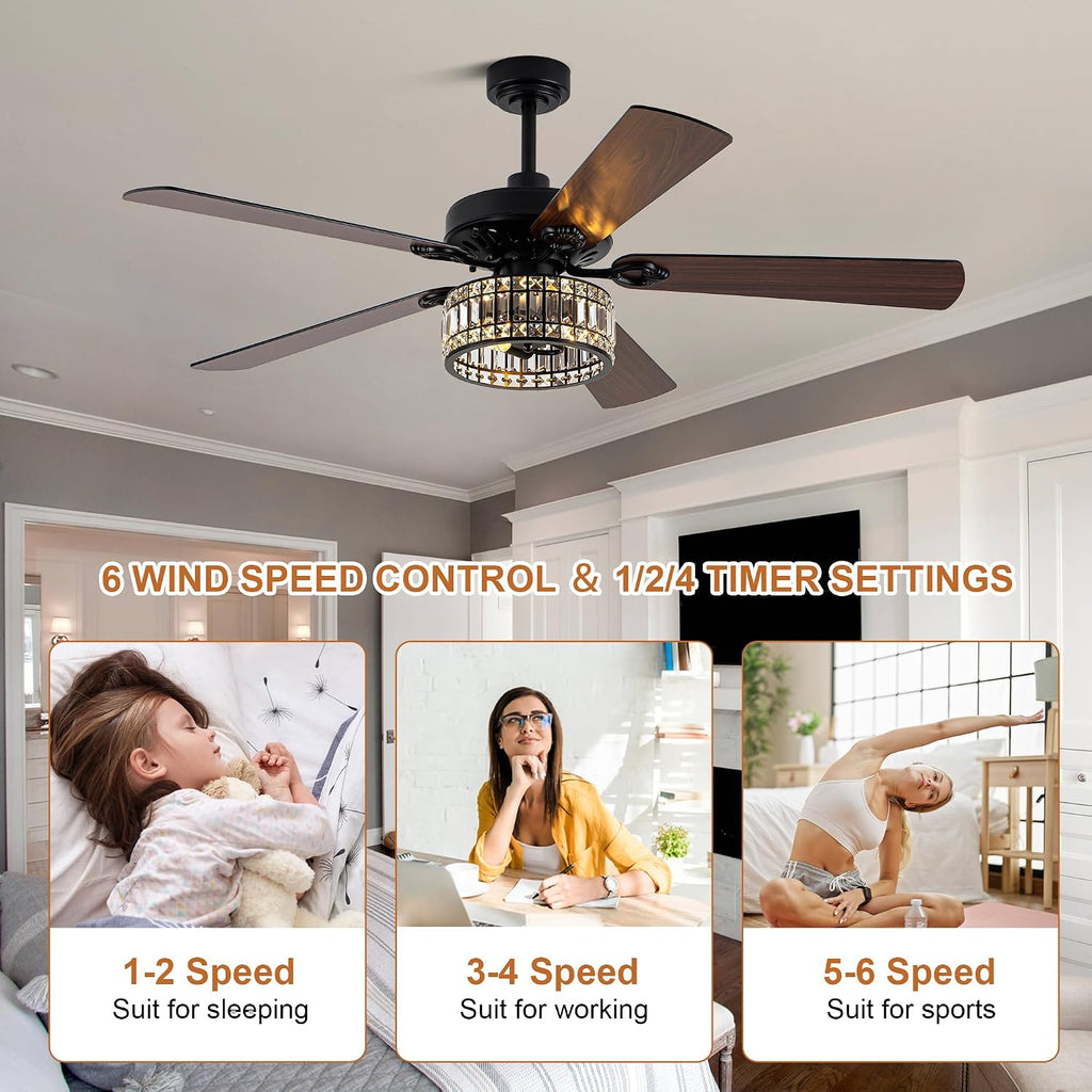 60" Vintage Black Ceiling Fan with Light, Large Crystal Chandelier Fan Fandelier Fan with 6-Speeds