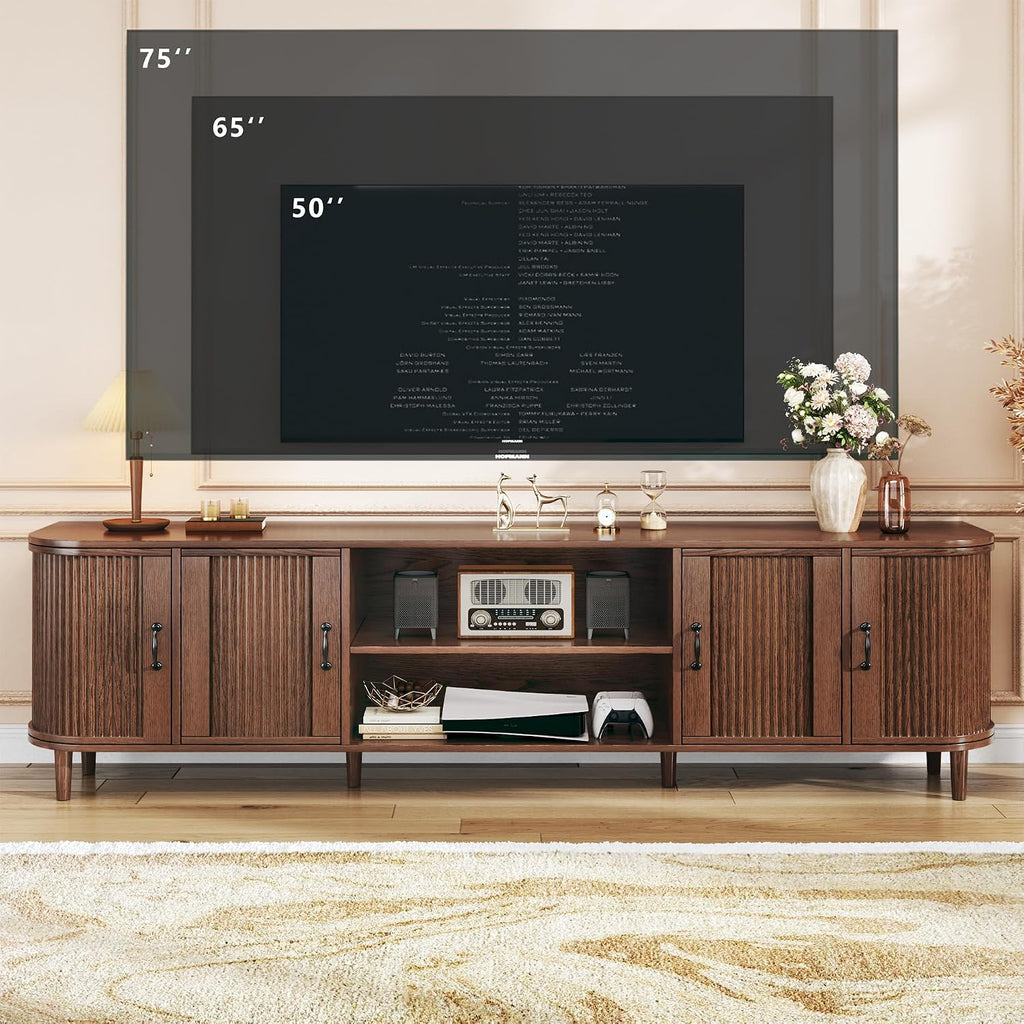 TV Stand for 75 inch TV, Mid Century Modern Entertainment Center for 55/60/65/75 inch TV, with Fluted Door Cabinets & Open Shelves, TV Consoles, Walnut