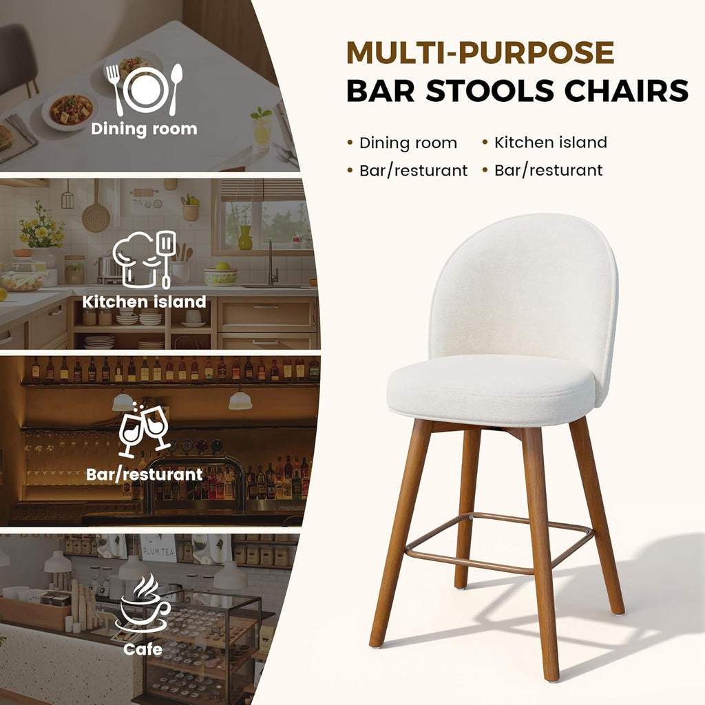 Modern Swivel Bar Stools Set of 3, Chic Upholstered Counter Height（26IN） Bar Chair with Back, Solid Wood Legs