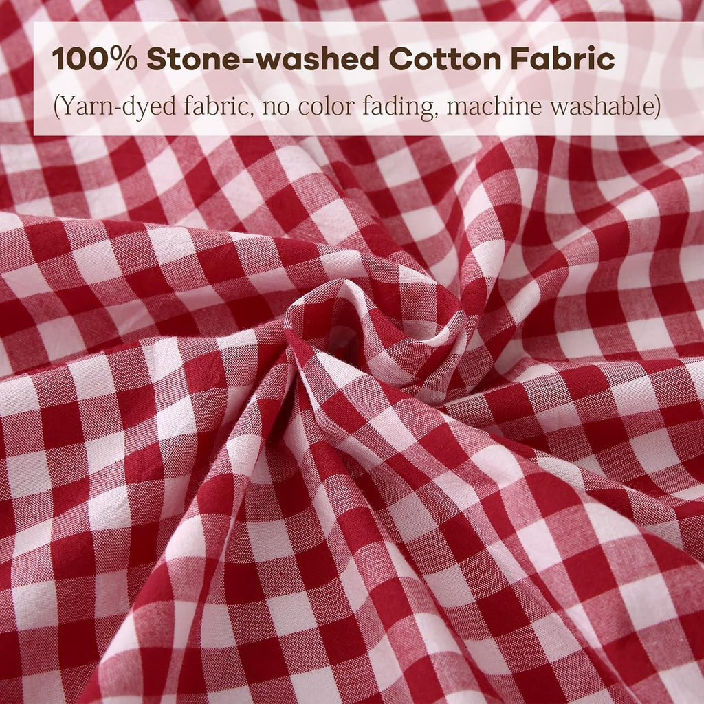 Red White Plaid Ruffled Table Cloth Rectangular for Seat 8-10, 100% Washed Cotton Buffet Cottage Coq