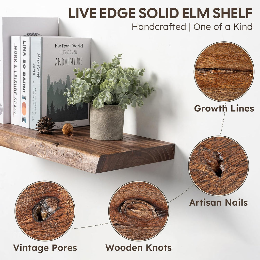 32 Inch Floating Wall Shelves Solid Elm Wood Set of 2 | Vintage Live Edge Wood Grain, Heavy Duty Hidden Brackets