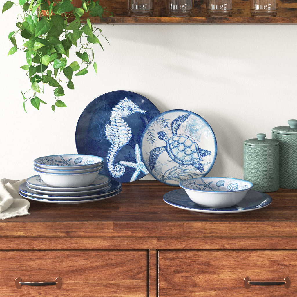 Oceanic 12 piece Melamine Dinnerware Set, Service for 4, Multi Colored