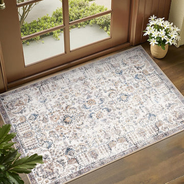 2x3 Vintage Floral Area Rug, Washable Entryway Rug, Blue
