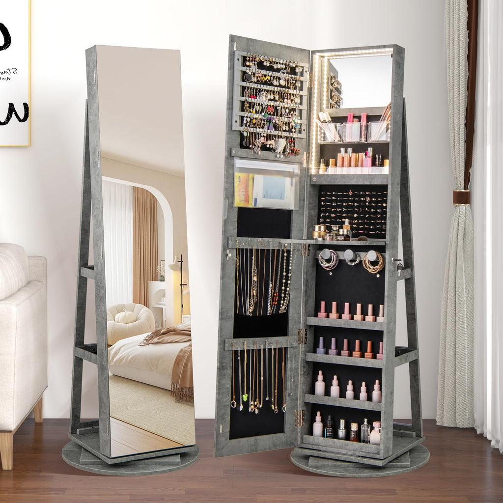 Swivel Jewelry Armoire, Full Length Mirror, Lockable, Stone Gray