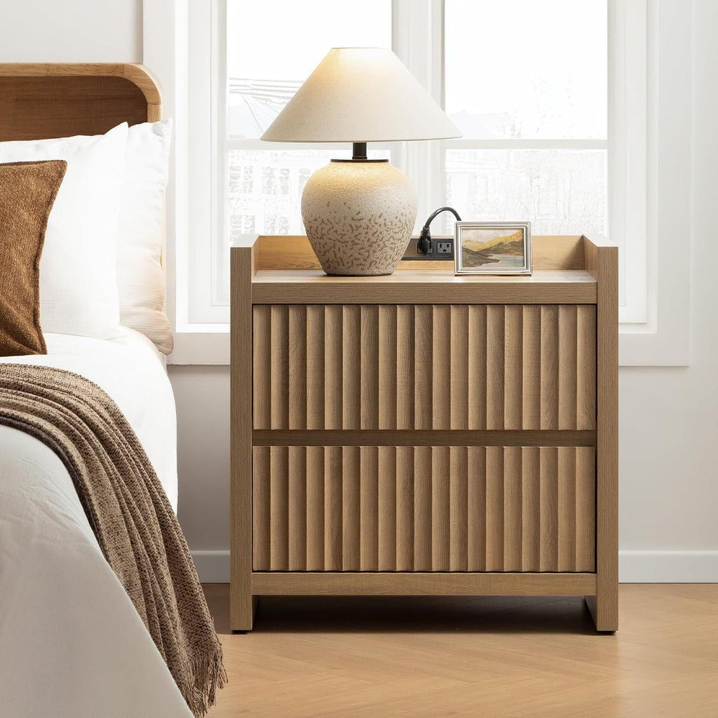Night Stands Set of 2-Fluted Nightstands with Charging Station- Modern 2 Drawers Nightstand 25" Tall Bedside Table