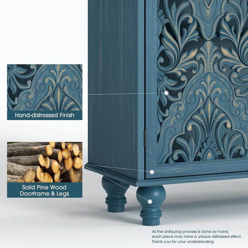 47" Tall Accent Cabinet with Carved Doors & Storage | Vertical Storage , Carved Floral Design, Farmhouse & Rustic