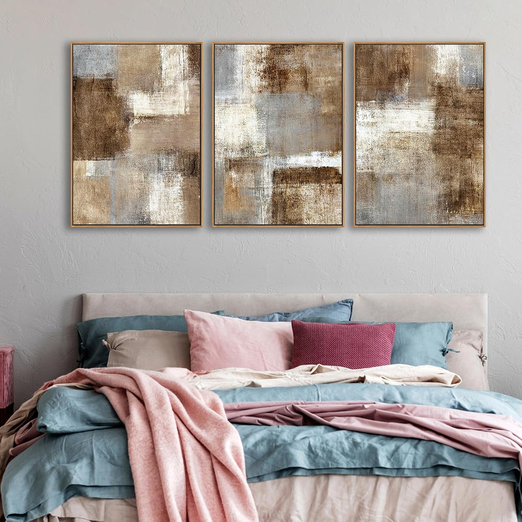 Large Abstract Framed Wall Art - Natural Float Framed Canvas Pictures Wall Art Prints Decor Rustic Artwork Brown