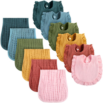 12 Pcs Baby Muslin Bibs and Burp Cloths Set, Cotton, Multicolor
